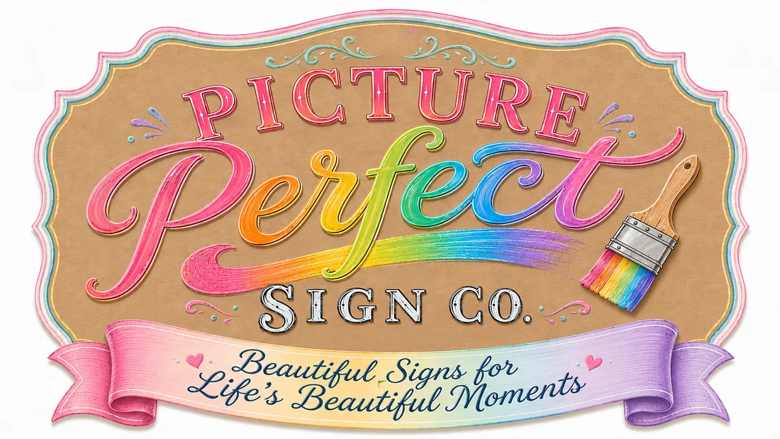 Picture Perfect Sign Co. logo artwork with rainbow brush stroke and the words Beautiful Signs for Life's Beautiful Moments